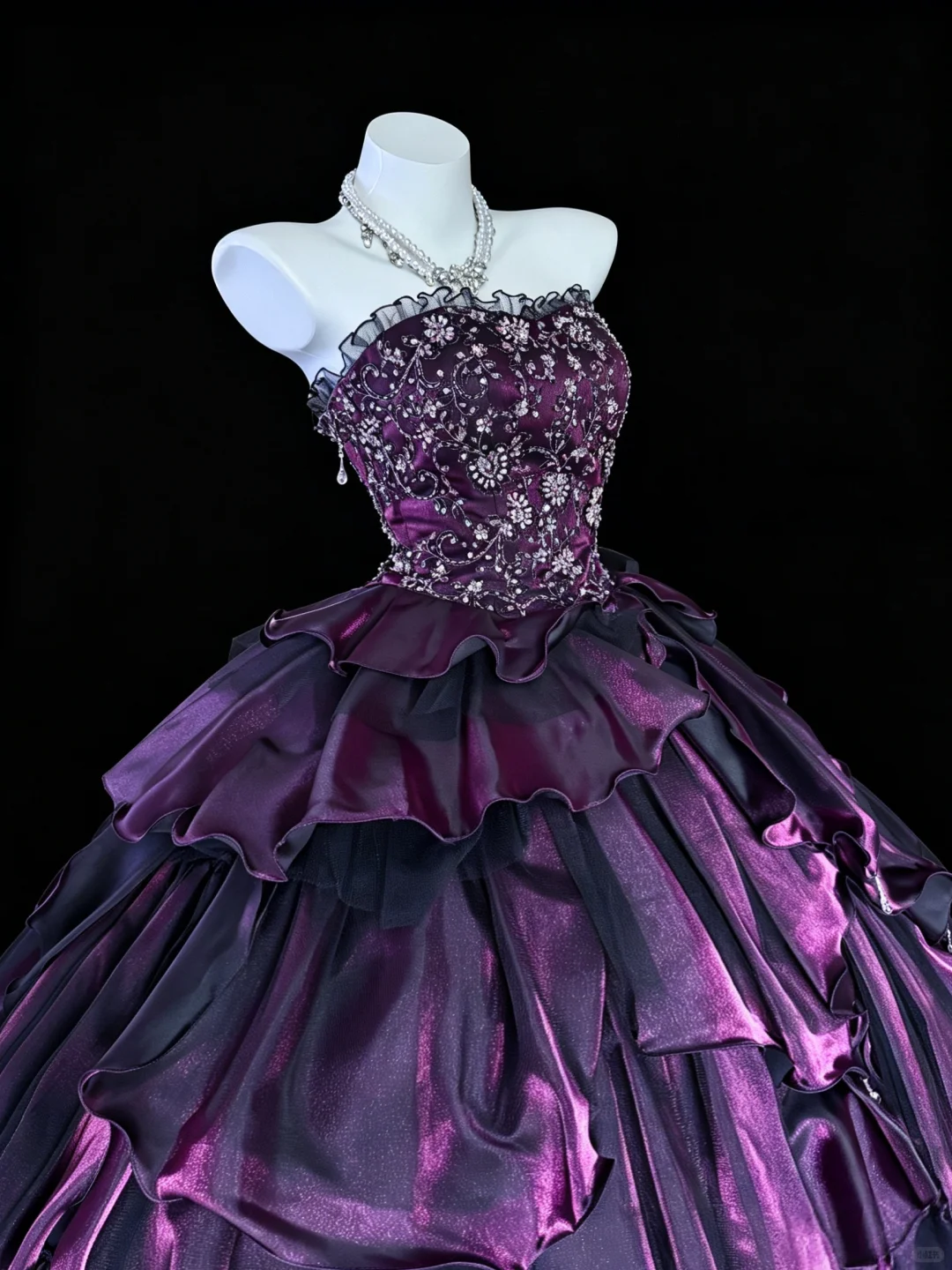Charming Strapless Purple Satin Layered Beaded Quinceanera Dress Sweet 16 Dress D5235