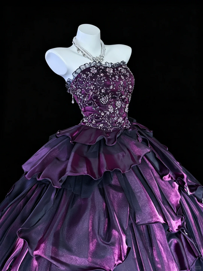 Charming Strapless Purple Satin Layered Beaded Quinceanera Dress Sweet 16 Dress D5235