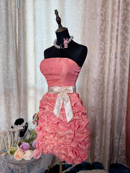 Classy Peach Pink Strapless Satin Pleated Sheath Short Prom Dress Homecoming Dress D727