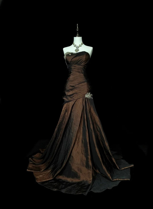 Vintage Brown Strapless Beaded Satin Mermaid Long Wedding Guest Dress Birthday Party Dress Evening Gown D1913