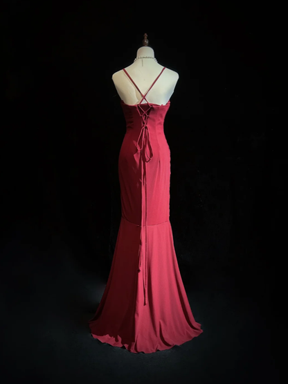 Classy Spaghetti Straps Burgundy Satin Pleated Mermaid Long Party Evening Dress D1991