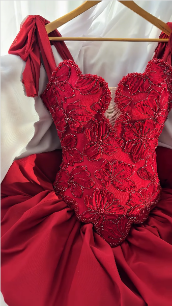Pretty Red Satin Floral Beaded A Line Short Graduation Homecoming Dress,Formal 15th Birthday Outfits D3824