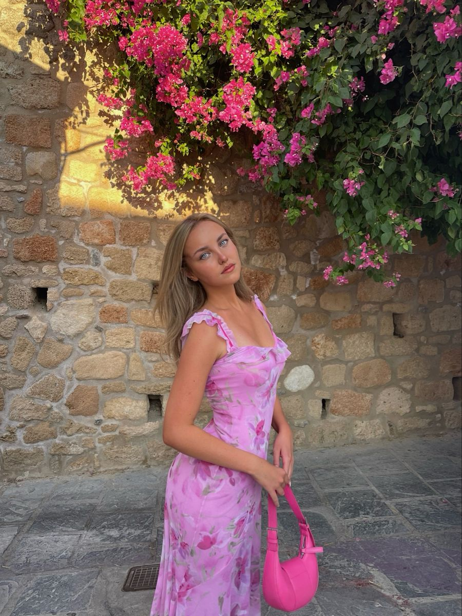 Classy Hot Pink Chiffon Print Floral Mermaid Long Party Dress Evening Dress D3412
