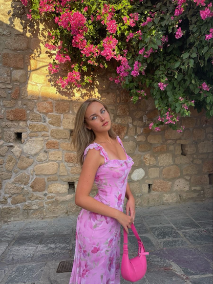 Classy Hot Pink Chiffon Print Floral Mermaid Long Party Dress Evening Dress D3412