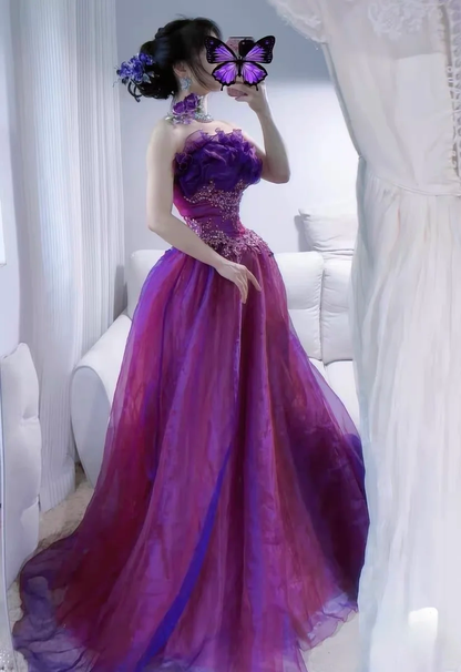 Vintage Strapless Quinceanera Dress Purple Tulle Appliques Beaded Sweet 15 Dress D5269