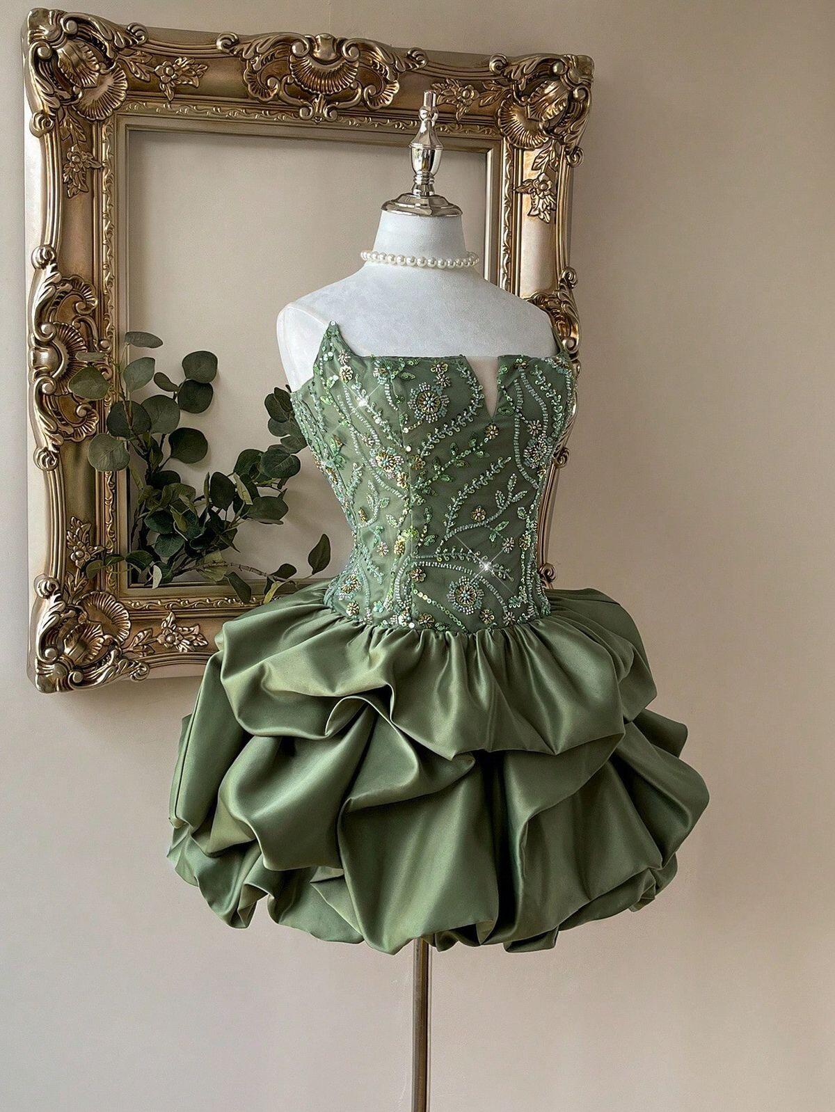 Vintage Sage Green Satin Beaded A Line Short 6th Grade Homecoming Dress,Strapless Short Prom Dress D4233