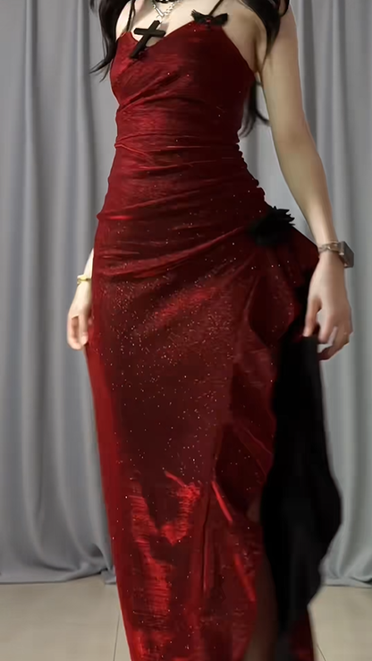 Shiny Spaghetti Straps Burgundy Satin Sequin Ruffles Slit Mermaid Long Party Dress Evening Dress Dress D2487