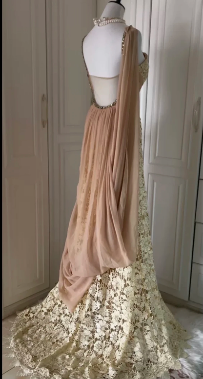 Vintage Spaghetti Straps Lace Chiffon Beaded Mermaid Evening Dress Long Prom Gown D3100