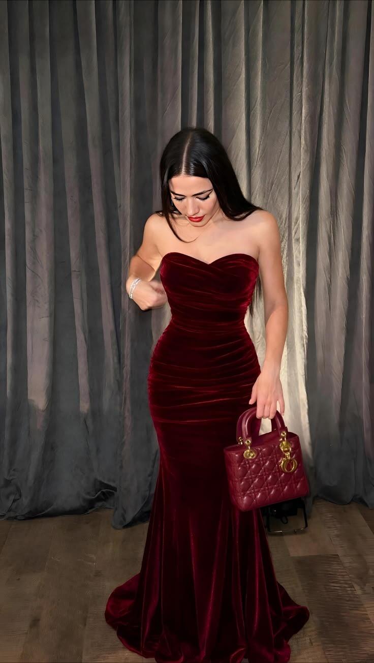 Charming Burgundy Velvet Mermaid Prom Dress Sweetheart Neck Long Birthday Evening Dress D5189
