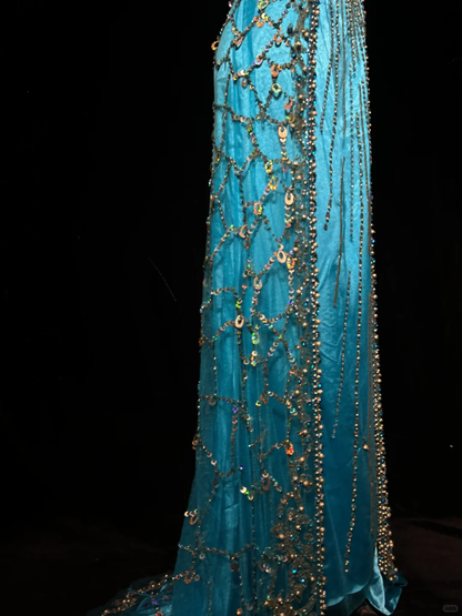 Gorgeous V Neck Blue Satin Tulle Beaded mermaid Long Party Dress Evening Dress D5076