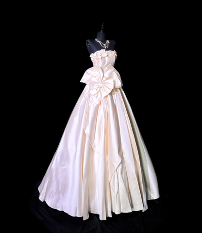 Cute Strapless Bow Satin Long Birthday Party Dress Evening Dress D1830