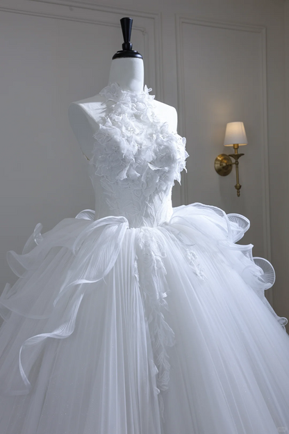 Charming Halter White Tulle Appliques Long Wedding Dress D3088