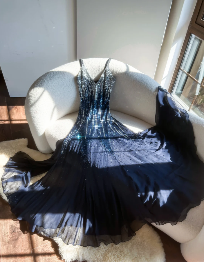 Glitter Navy Blue V Neck Chiffon Beaded Mermaid Long Evening Dress,Spaghetti Straps Birthday Party Dress D2078