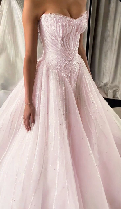 Glamorous Strapless Pink Tulle Beaded Long Wedding Dress Formal Bridal Dress D1765