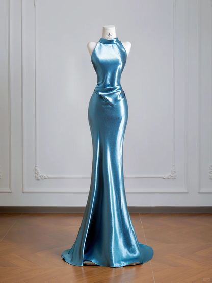 Sexy Halter Sleeveless Satin Mermaid Long Wedding Guest Dress Blue Evening Dress D2502