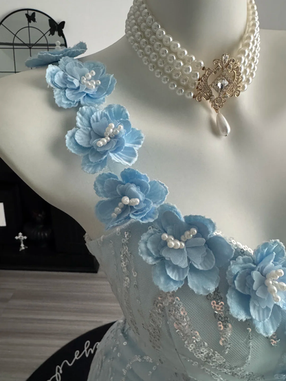 Classy Blue One Shoulder Sequin Tulle Layered Mermaid Long Prom Dress Evening Dress With Florals D3713