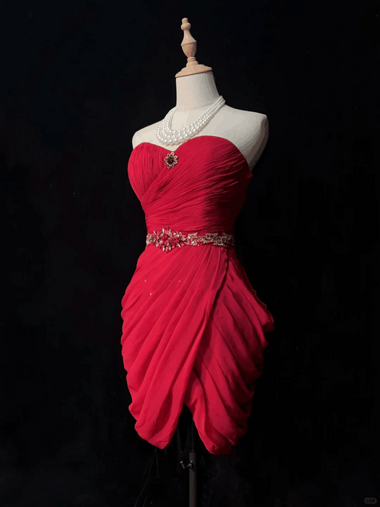 Sexy Red Strapless Chiffon Ruched Beaded Sheath Short 8th Grade Homecoming Dress Cocktail Dress D3376