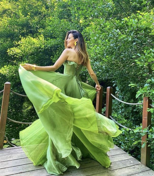 Elegant Sweetheart Neck Green Chiffon Ruffle Slit A Line Long Party Dress Evening Dress D2868