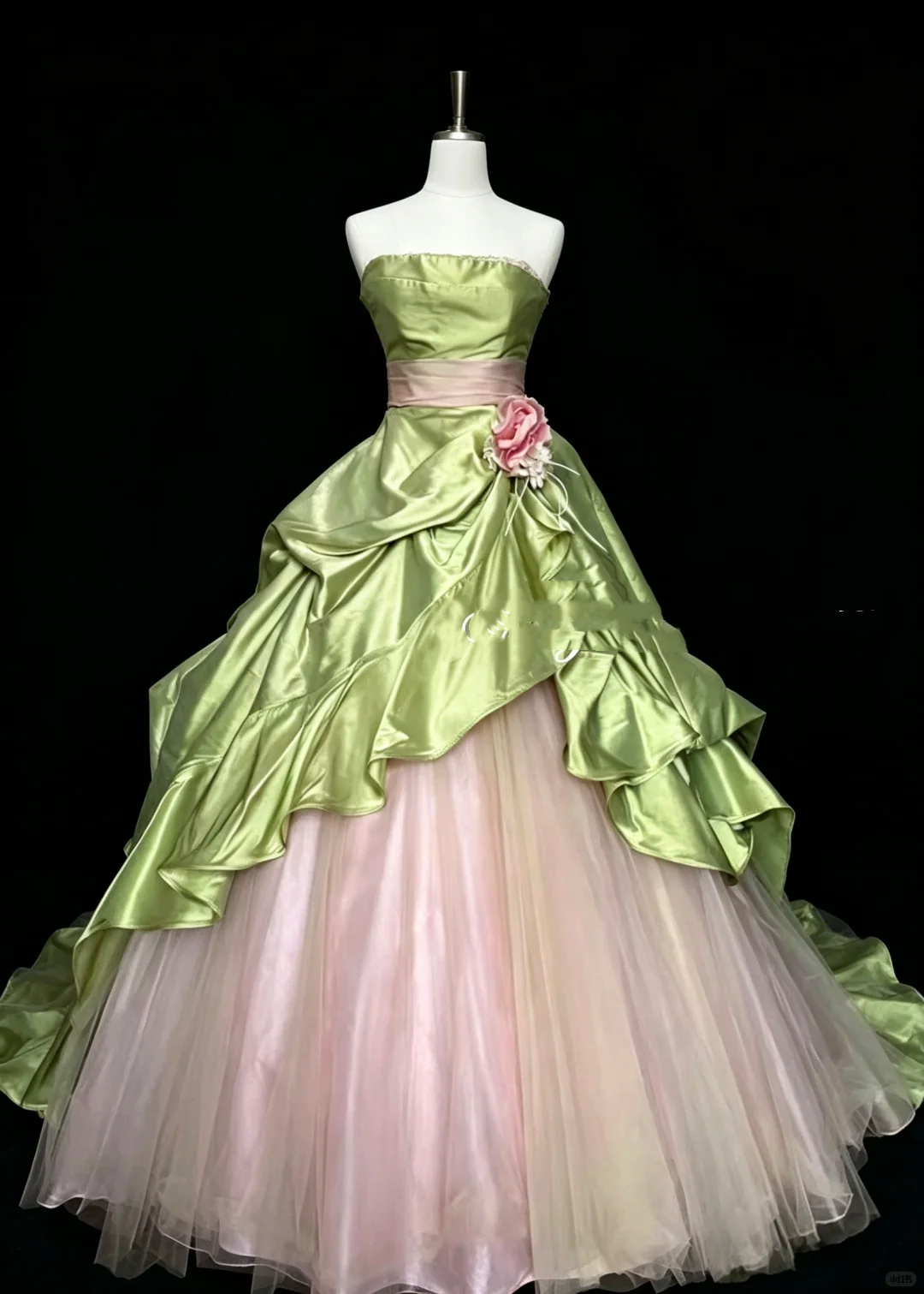 Pretty Strapless Tulle Satin Ruffles Birthday Quinceanera Dress Green Sweet 16 Dress With Flowers D5291
