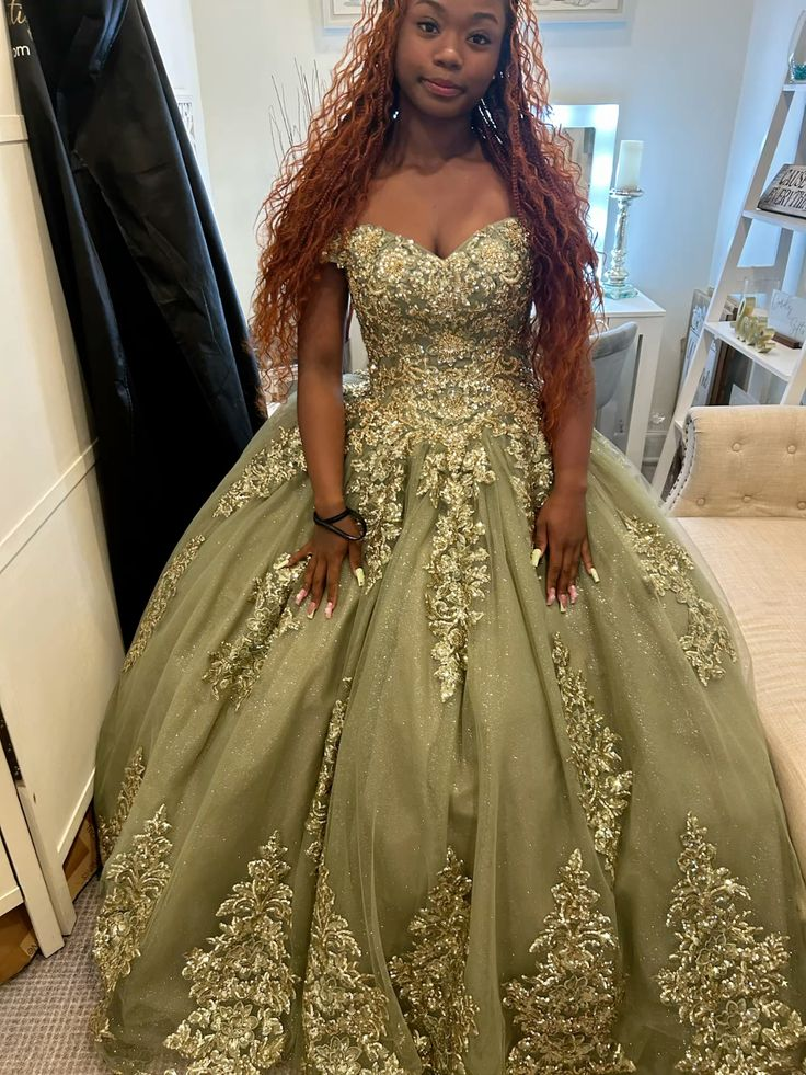 Pretty Off The Shoulder Sweet 16 Dress Sage Green Tulle Sequin Appliques Quinceanera Dress D4986