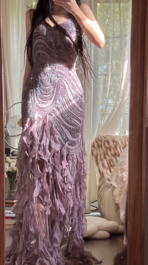 Vintage Purple Spaghetti Straps Chiffon Beaded Ruffles Mermaid Long Party Dress Birthday Prom Dress D2306