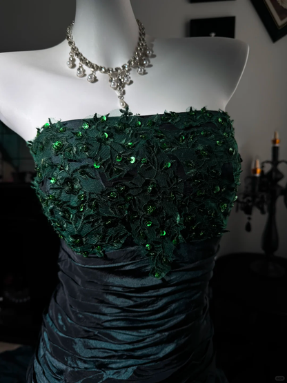 Fashion Dark Teal Satin Pleated Sequin Mermaid Evening Dress Strapless Long Wedding Guest Dress D3734