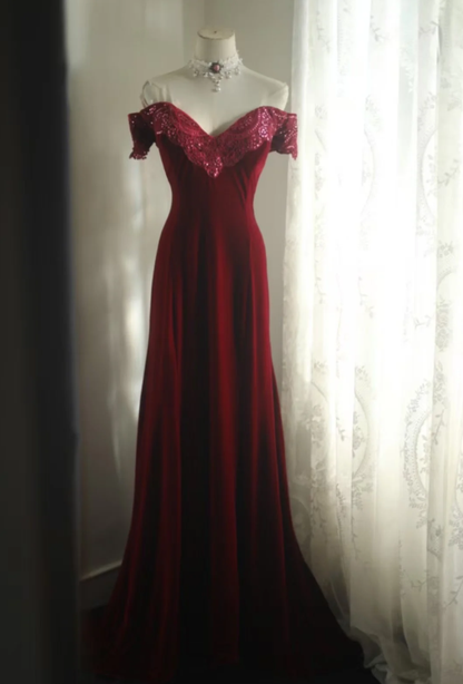 Classy Off The Shoulder Red Velvet Mermaid Long Evening Dress Formal Birthday Prom Dress D2207