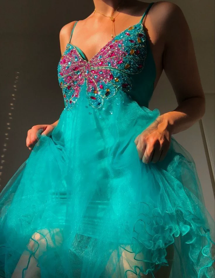 Vintage Spaghetti Straps Green Tulle Beaded Short Graduation Homecoming Dress,V Neck Cocktail Dress D3139
