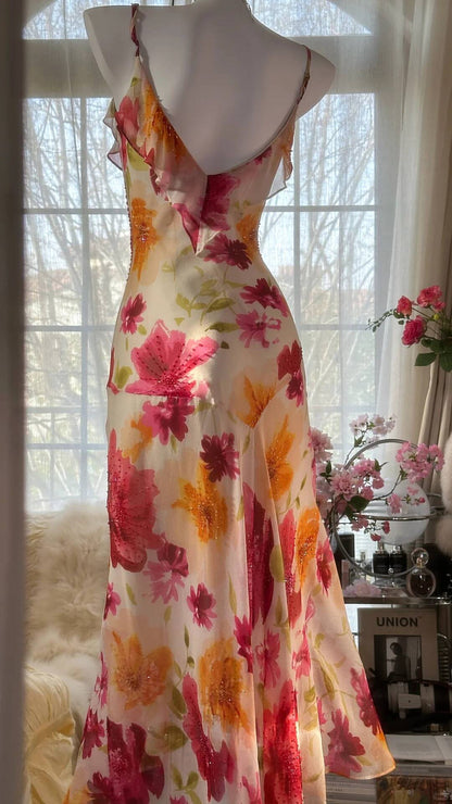 Pretty Chiffon Print Floral Beaded Mermaid Evening Dress Long Formal Party Dress S343