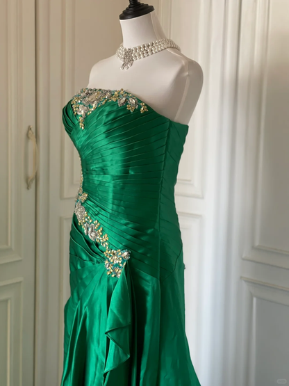 Fashion Green Strapless Satin Pleated Beaded Long Evening Dress Prom Dress D3108