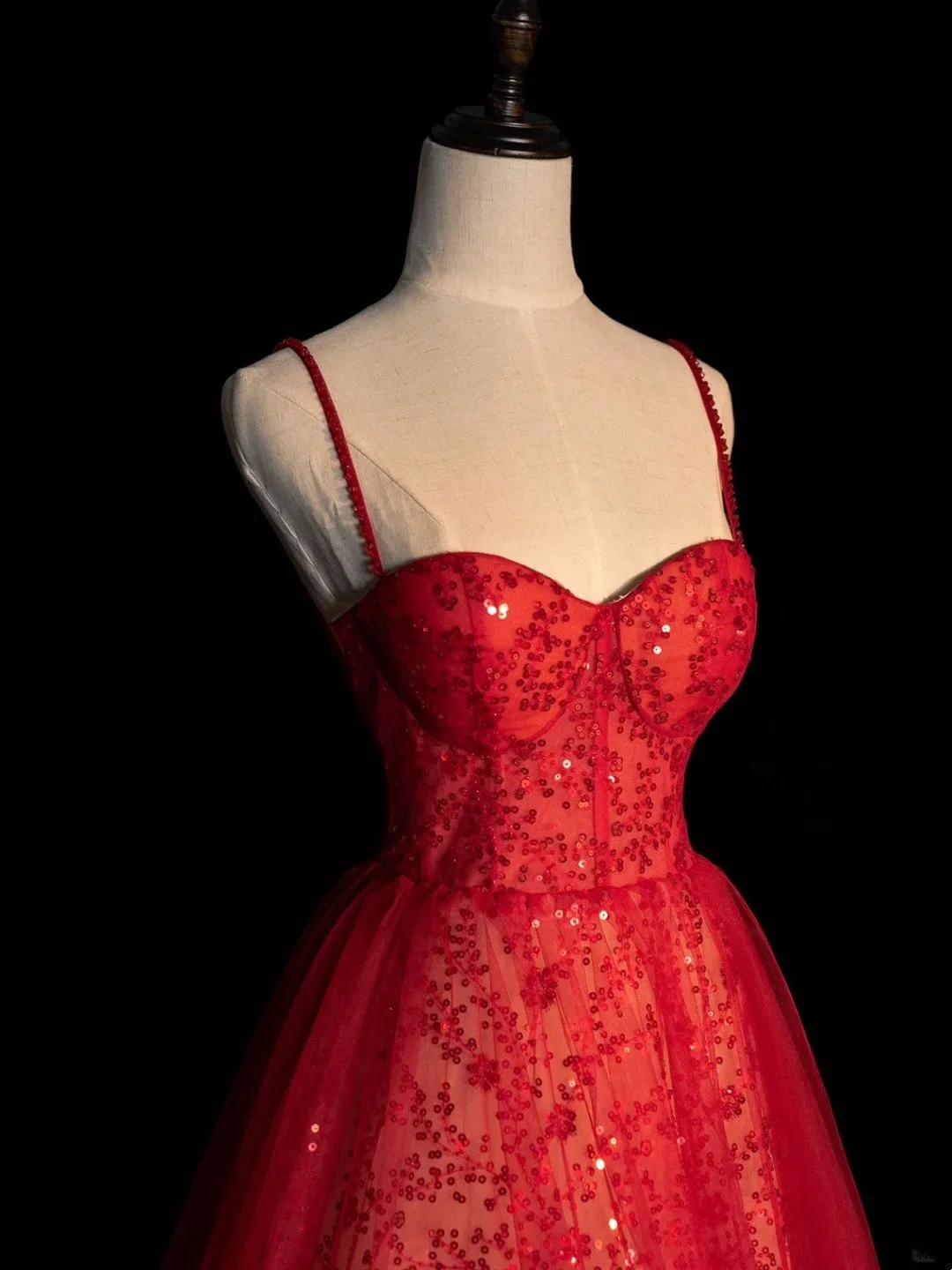 Shiny Spaghetti Strap Tulle Sequined Long Prom Party Dress Red Long Evening Dress D4527
