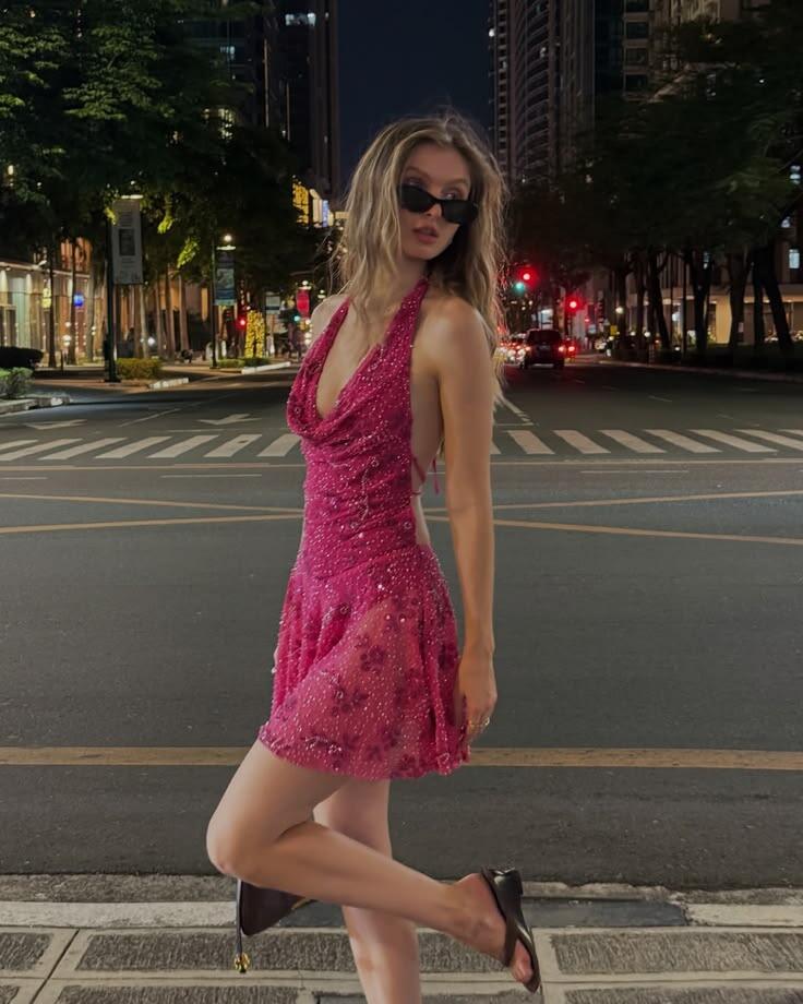 Glamorous Hot Pink Halter Sequin Beaded Short Homecoming Dress Birthday Outfits D3610