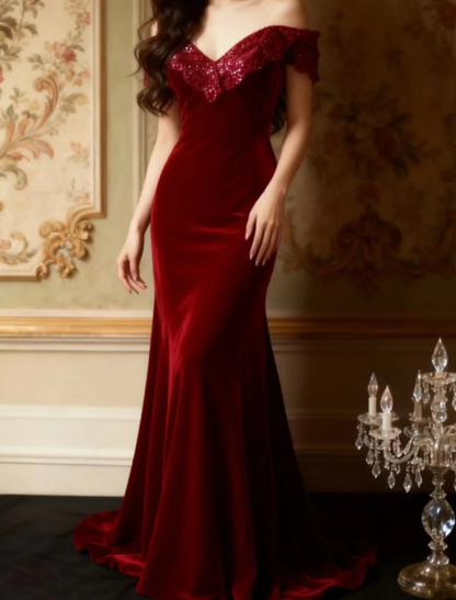 Classy Off The Shoulder Red Velvet Mermaid Long Evening Dress Formal Birthday Prom Dress D2207