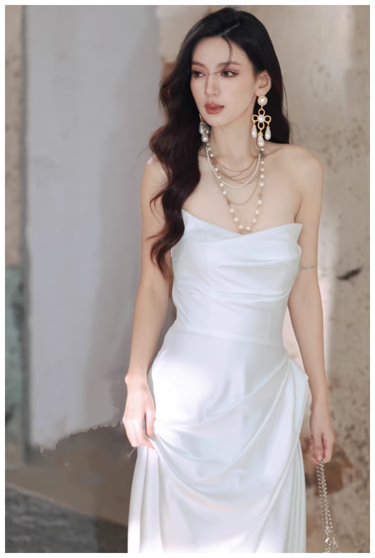 Charming Strapless Satin Pleated Mermaid Long Evening Dress White 19th Birthday Outfits D2410