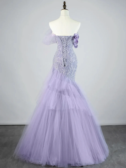 Glamorous Off The Shoulder Lilac Tulle Sequin Beaded Mermaid Long Evening Dress Party Gown D4525