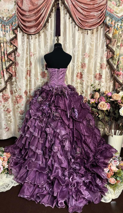 Vintage Strapless Ball Gown Purple Satin Tulle 3D Floral Quinceanera Dress Sweet 15 Dress D4501