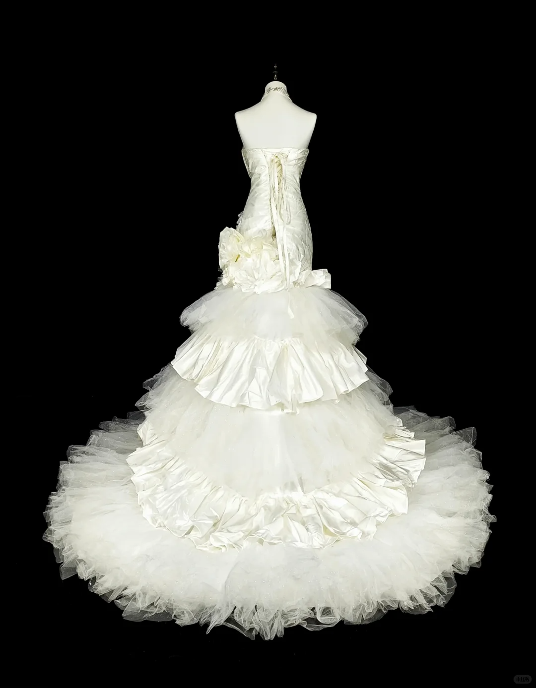 Glamorous White Satin Tulle Pleated Layered Mermaid Long Wedding Dress D5393