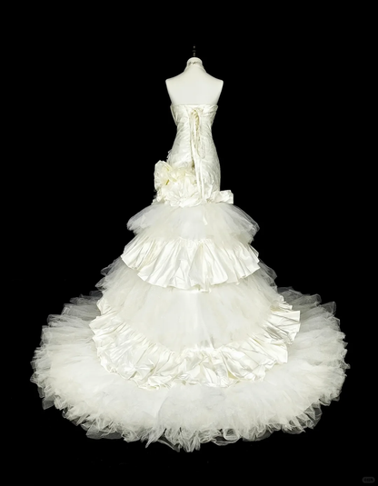 Glamorous White Satin Tulle Pleated Layered Mermaid Long Wedding Dress D5393