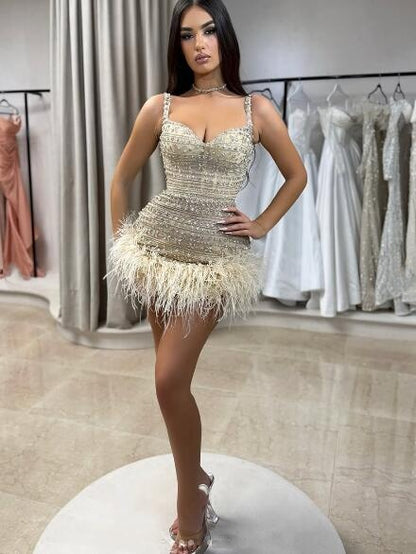 Gorgeous Spaghetti Straps Champagne Tulle Beaded Feathers Short Homecoming Dress Birthday Outfit D4093