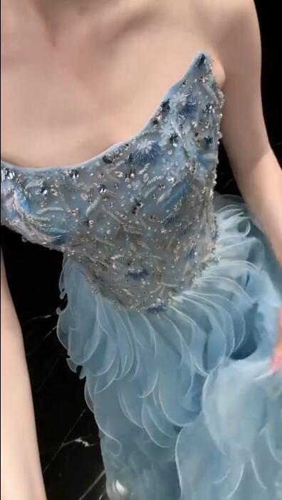 Glamorous Blue Strapless Tulle Ruffles Beaded Long Birthday Prom Dress Evening Dress D4752