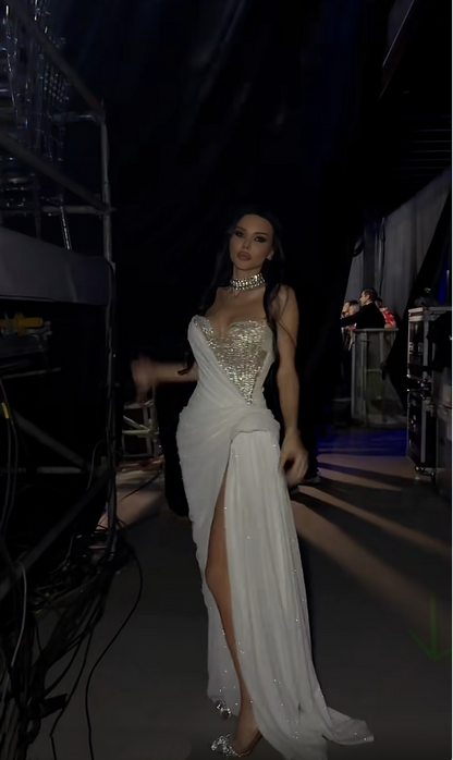 Glitter White Strapless Sequin Beaded Mermaid Slit Long Party Dress Evening Dress D3826