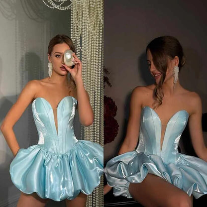 Elegant Sweetheart Neck Blue Satin A Line Short Homecoming Dress Cocktail Dress D4091