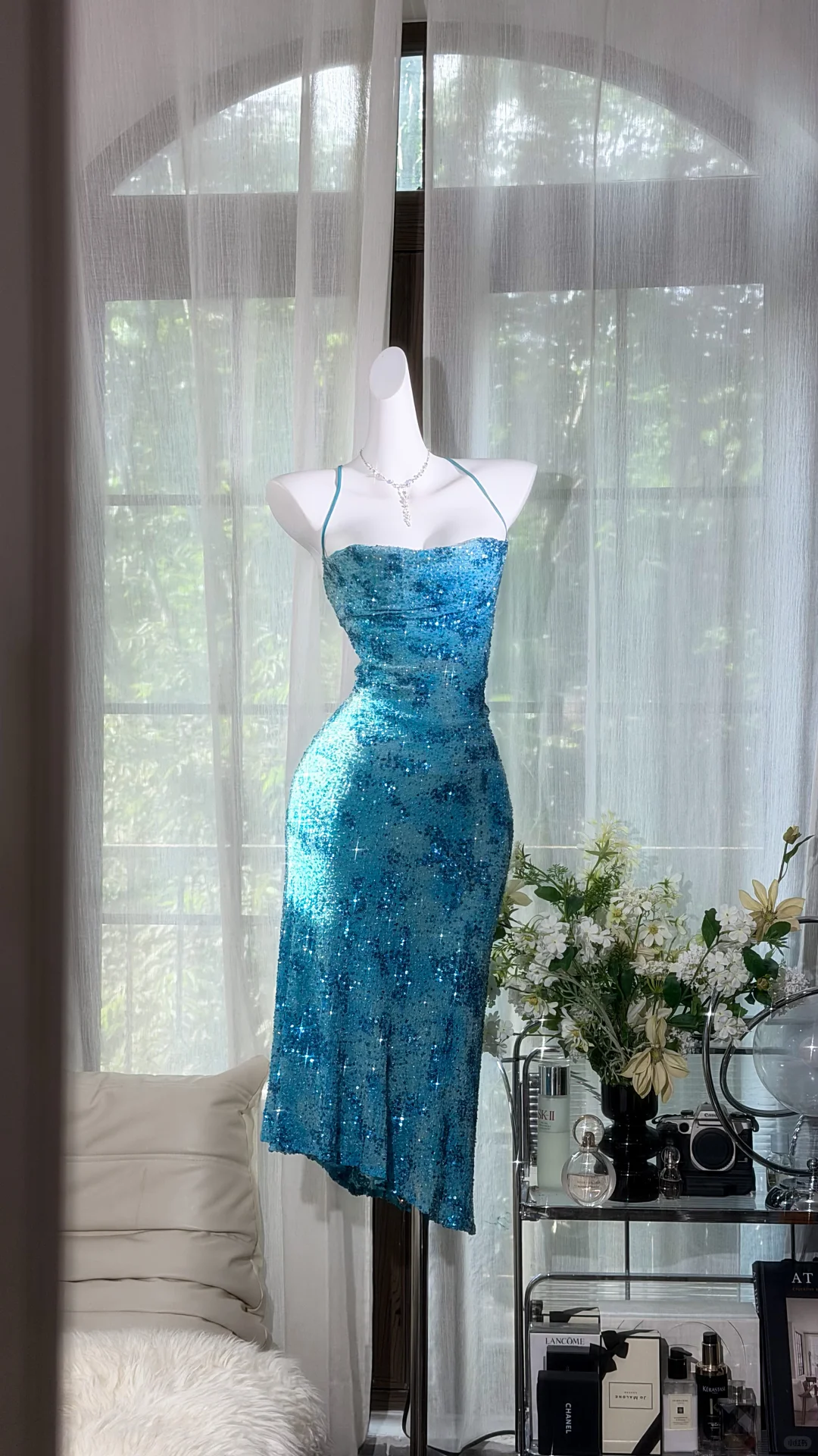 Sparkly Tiffany Blue Sequin Sheath Knee Length Prom Dress Birthday Dress D2937