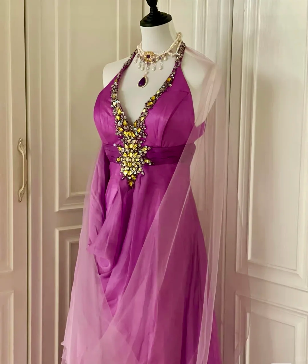 Sexy Ombre Purple Halter Satin Beaded Mermaid Long Evening Dress Backless Birthday Prom Dress D3095
