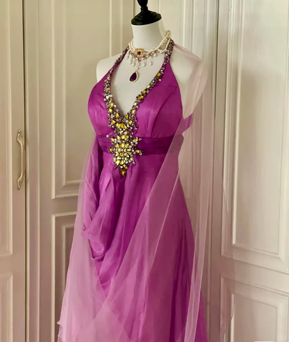 Sexy Ombre Purple Halter Satin Beaded Mermaid Long Evening Dress Backless Birthday Prom Dress D3095