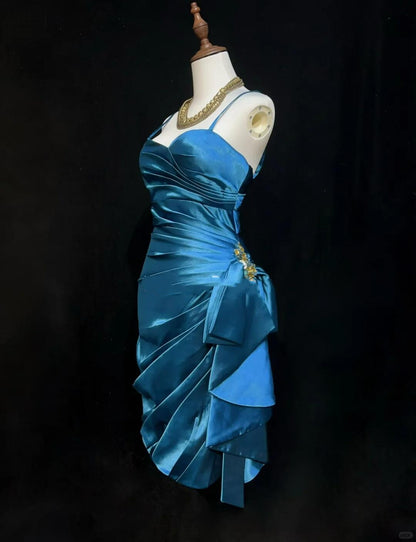 Elegant Blue Spaghetti Straps Satin Pleated Sheath Short Homecoming Dress Birthday Dress D3373