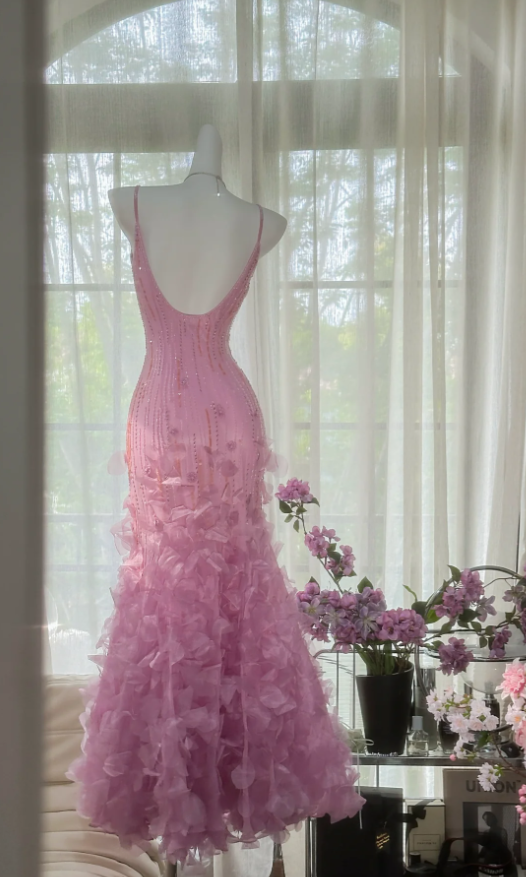 Charming Pink Spaghetti Straps Chiffon Beaded Mermaid Long Party Dress Evening Gown D1557