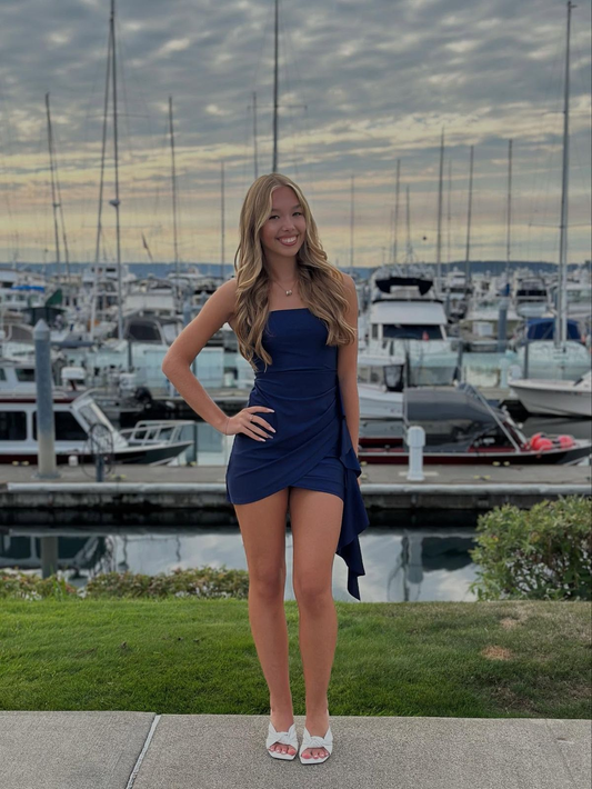 Classy Navy Blue Strapless Satin Short Homecoming Dress,Backless Short Party Gown D3395