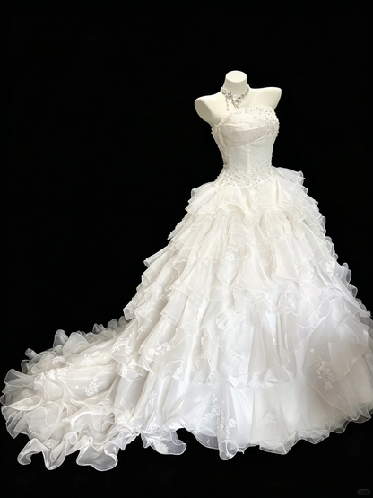 Pretty White Tulle Ruffles Appliques Long Wedding Dress D5282