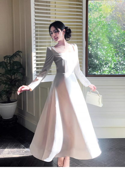 Elegant Square White Satin A Line Long Party Dress Evening Dress D2179